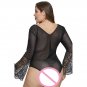 Black Bell Sleeve Lace Mesh Plus Size Teddy XL 2XL 3XL Big Size Underwear Bodysuit