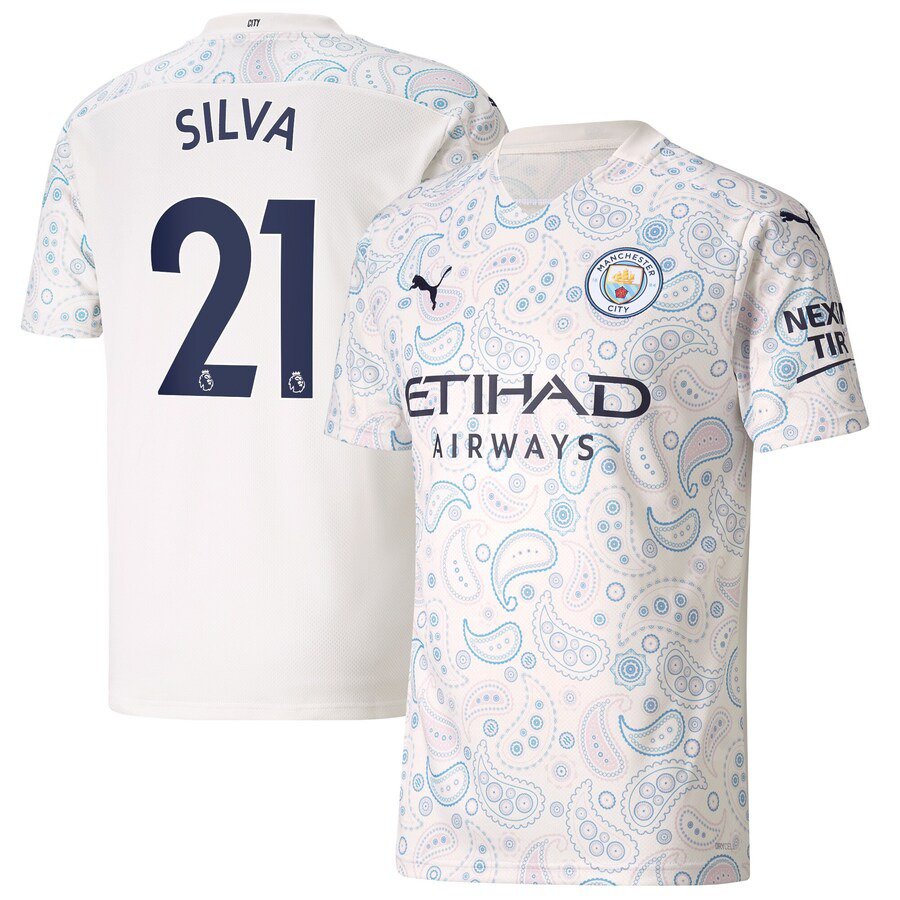 SILVA Manchester City 20/21 Third Jersey Man City White Stadium Football Shirt