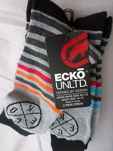2 Pair Ecko Unlimited Men Crew Socks Large Black WhiteGrey Strip Rhino 6 1/2-12