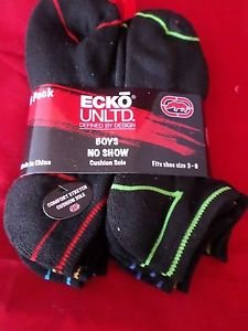 6 Pair Ecko Unlimited Boys No Show Boat Socks Soft and Durable Black Line 3-9