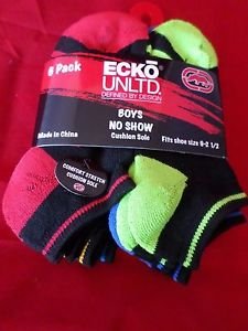 6 Pair Ecko Unlimited Boys No Show Boat Socks Soft  Durable Black Heel 9-2 1/2