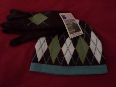 East Side Collection Andover Argyle Owner Hat & Glove Set  Green & Brown OSFM