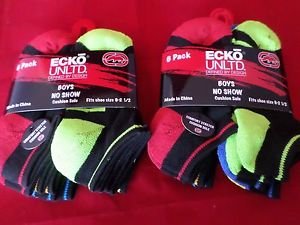 12 Pair Ecko Unlimited Boys No Show Boat Socks Soft  Durable Black Heel 9-2 1/2