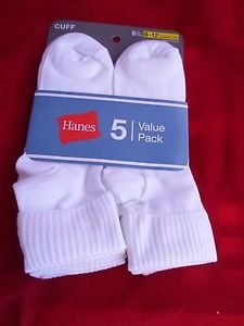 5 Pack Hanes Cuff Crew Value Pack Socks White Great Quality!! Large 8-12