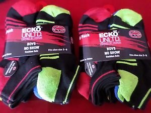 12 Pair Ecko Unlimited Boys No Show Boat Socks Soft Durable BlackHeel Toe 3-9