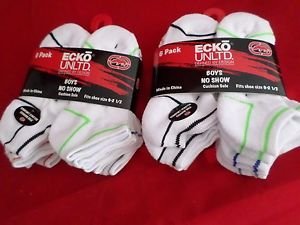 12 Pair Ecko Unlimited Boys No Show Boat Socks Soft Durable Red White 9-2 1/2