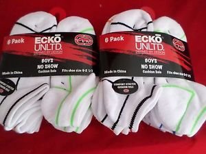 12 Pair Ecko Unlimited Boys No Show Boat Socks Soft  Durable Red White 9-2 1/2