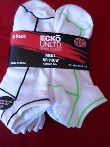 6 Pair Ecko Unlimited Mens No Show Boat Socks Soft and Durable White Stripe 6-12
