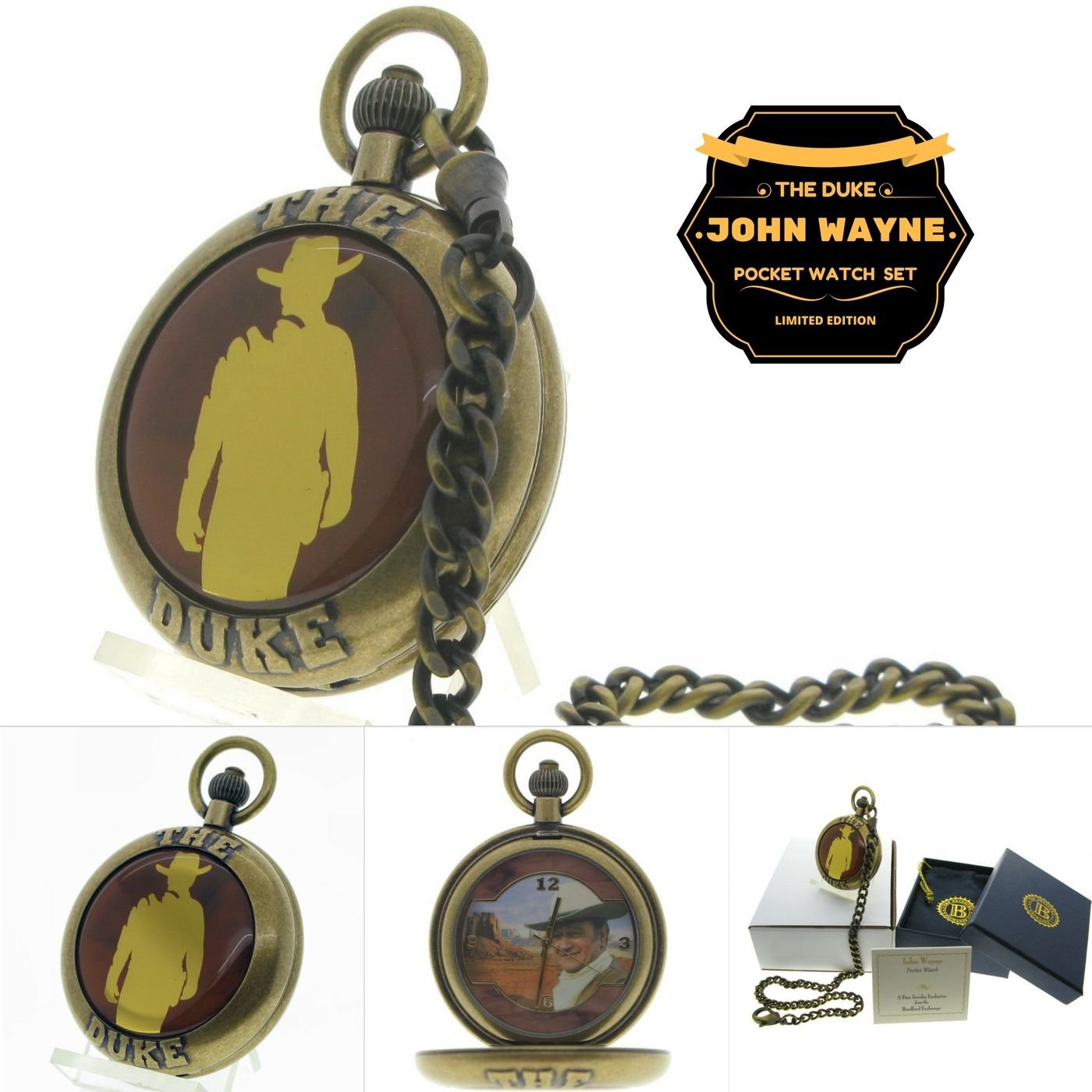 JOHN WAYNE The Duke Memorial Pocket Watch Men Gift Set Brass Chain