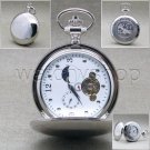 Tourbillon Mechanical Pocket Watch Silver Polish Sun Moon with Chain and Box 42B