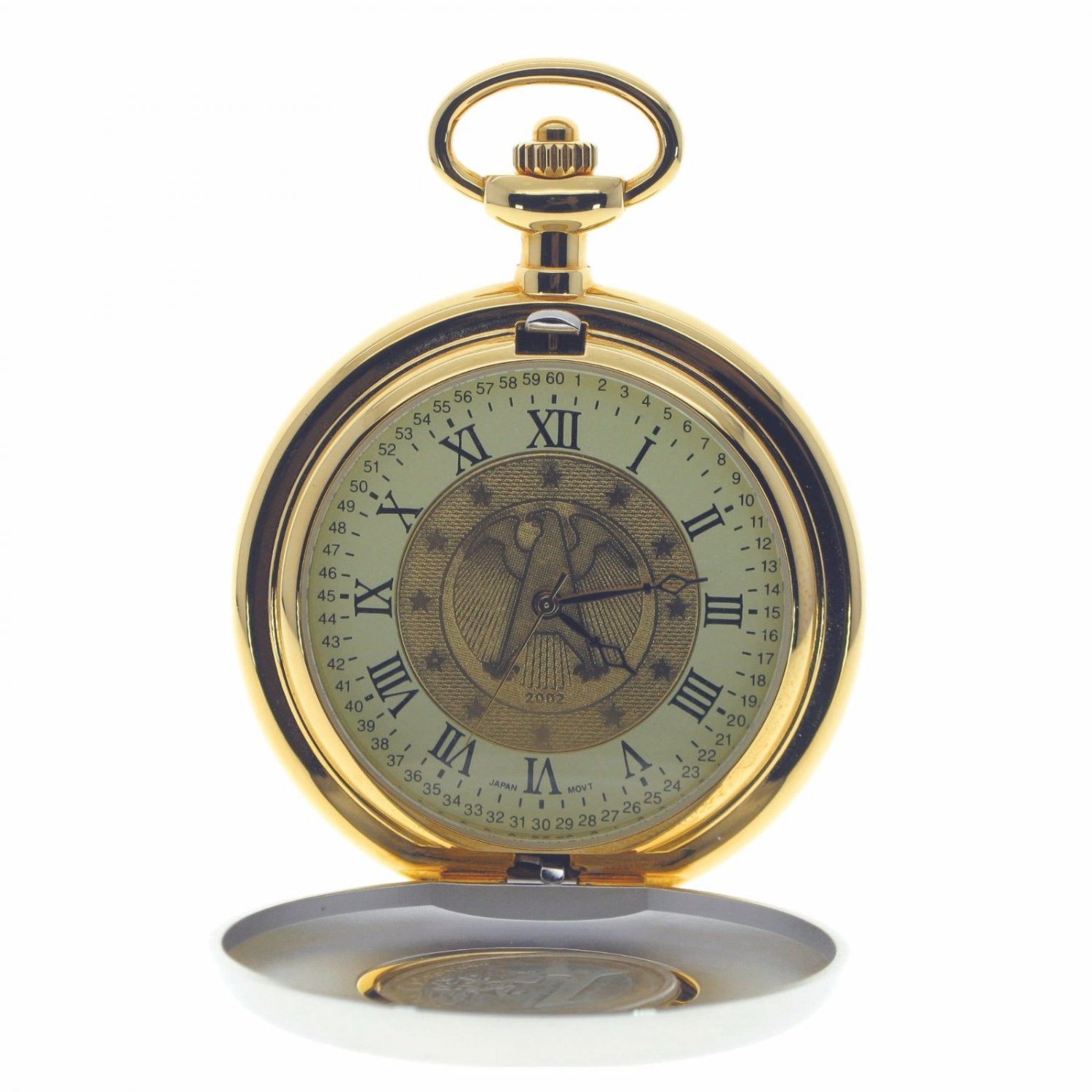 Authentic EURO Coin Pocket Watch Set Big 53 MM Men Gift Leather Pouch