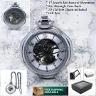 Mechanical Silver Pocket Watch Large 49 MM Men Winding Skeleton + Fob Chain P14 Mechanical Silver Pocket Watch Large 49 MM Men Winding Skeleton + Fob Chain P14