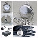 SILVER Antique Pocket Watch Solid Brass Case 42 MM Fob Chain Gift Box Unisex P89