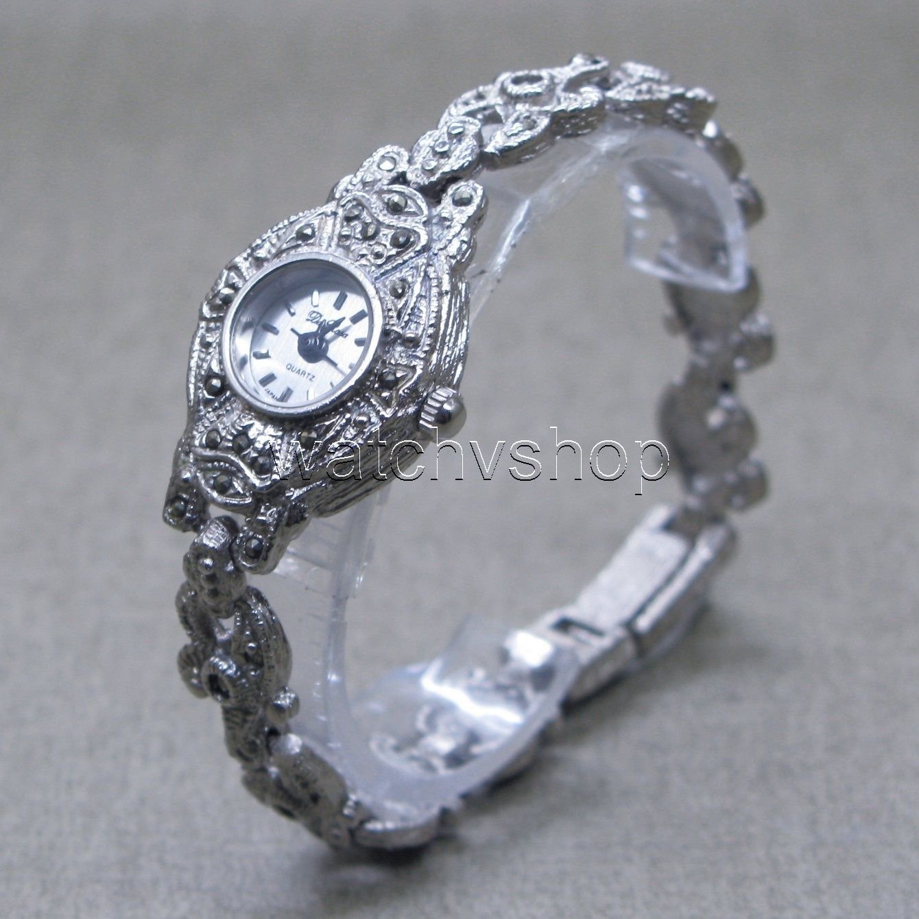 Antique Silver Marcasite Women Watch Japan Quartz Brass Case Vintage ...