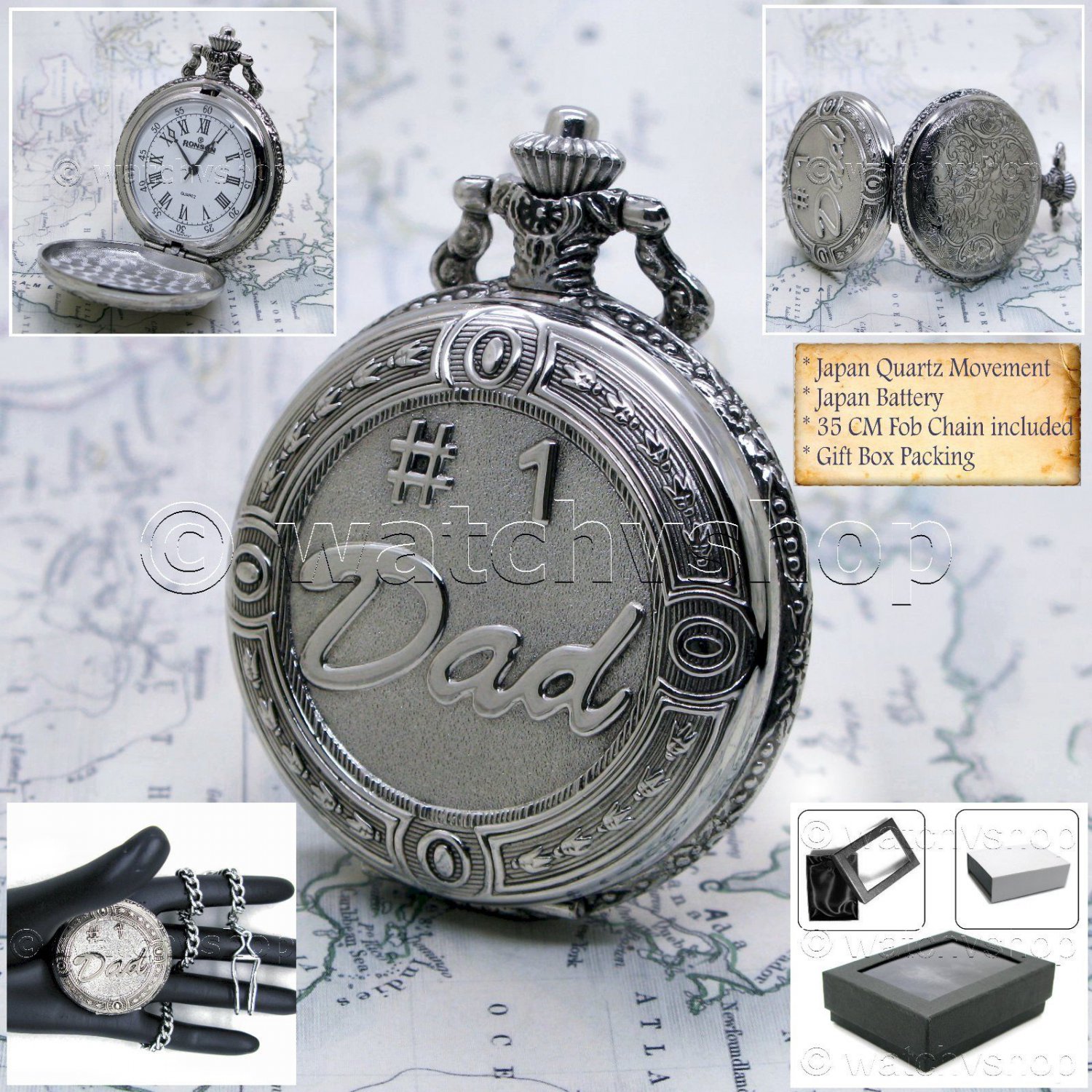 SILVER Antique #1 DAD Design Gifts Mens Quartz Pocket Watch Fob Chain ...