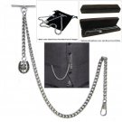 Albert Chain Silver Pocket Watch Curb Link Chain + Four-Leaf Clover Fob T Bar 69 Albert Chain Silver Pocket Watch Curb Link Chain + Four-Leaf Clover Fob T Bar 69