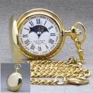 Gold Polish Brass Sun & Moon Quartz Mens Pocket Watch with Chain Gift Box P50GR Gold Polish Brass Sun & Moon Quartz Mens Pocket Watch with Chain Gift Box P50GR