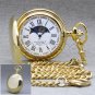 Gold Polish Brass Sun & Moon Quartz Mens Pocket Watch with Chain Gift Box P50GR