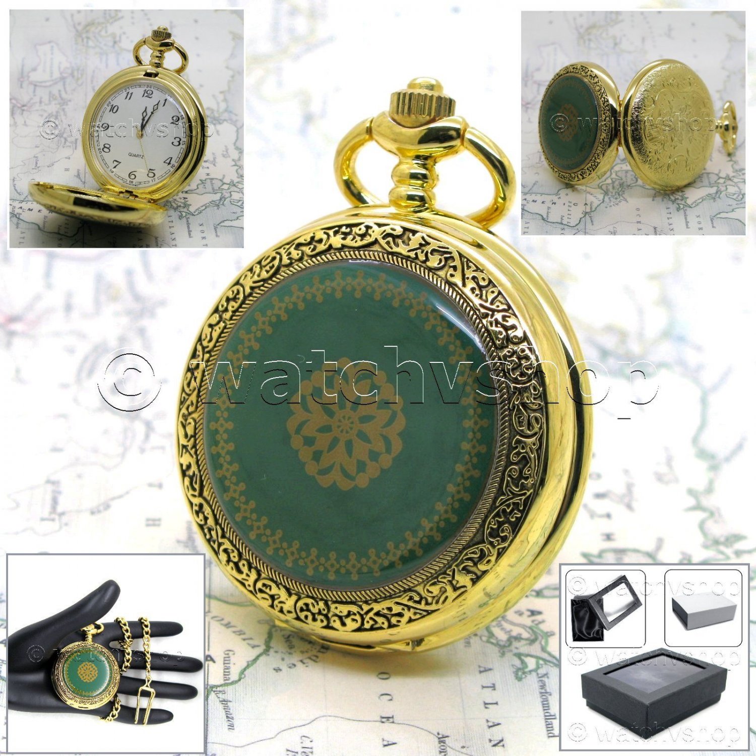Gold Antique Pocket Watch Men Size Quartz White Face Gift + 14" Fob