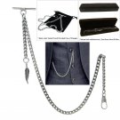 Albert Chain Silver color Pocket Watch Curb Link Chain + Feather Fob T Bar AC70