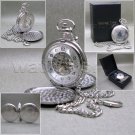Mechanical Pocket Watch Silver Tone Skeleton 2 Sides Open with Chain and Box C24 Mechanical Pocket Watch Silver Tone Skeleton 2 Sides Open with Chain and Box C24
