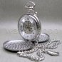 Mechanical Pocket Watch Silver Tone Skeleton 2 Sides Open with Chain and Box C24