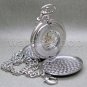 Mechanical Pocket Watch Silver Tone Skeleton 2 Sides Open with Chain and Box C24