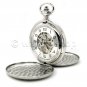 Mechanical Pocket Watch Silver Tone Skeleton 2 Sides Open with Chain and Box C24