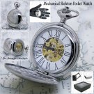 Silver Mechanical Pocket Watch Big Polish Brass Case Gold Skeleton Chain Box P42