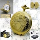 GOLD Pocket Watch Antique Men Brass Big 47 MM with Fob Curb Chain Gift Box P120