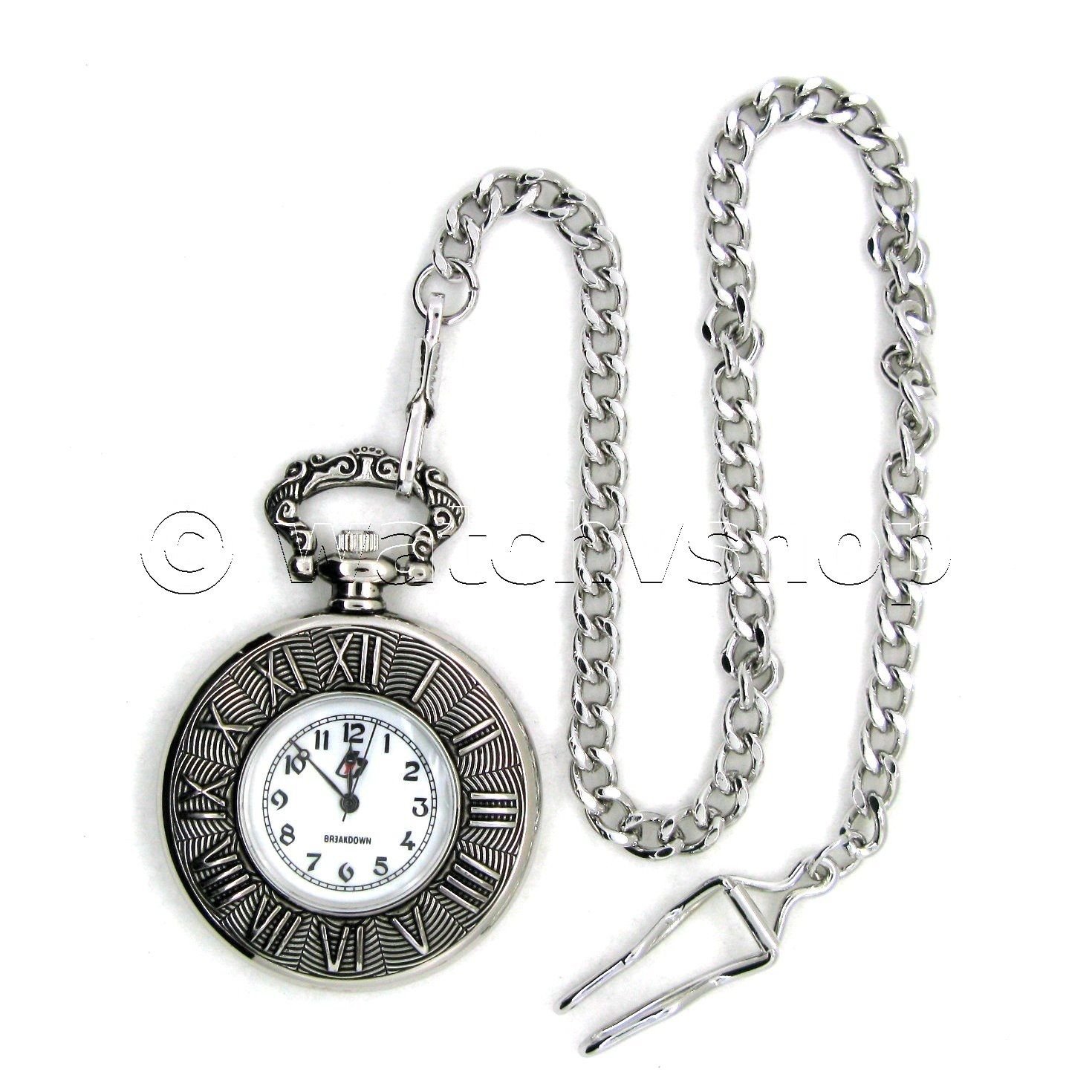 Silver Pocket Watch Open Face Antique with Fob Chain and Gift Box ...