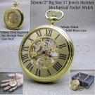 Mechanical Pocket Watch Gold 17 Jewels Skeleton Big 50 mm Men Chain and Box P249