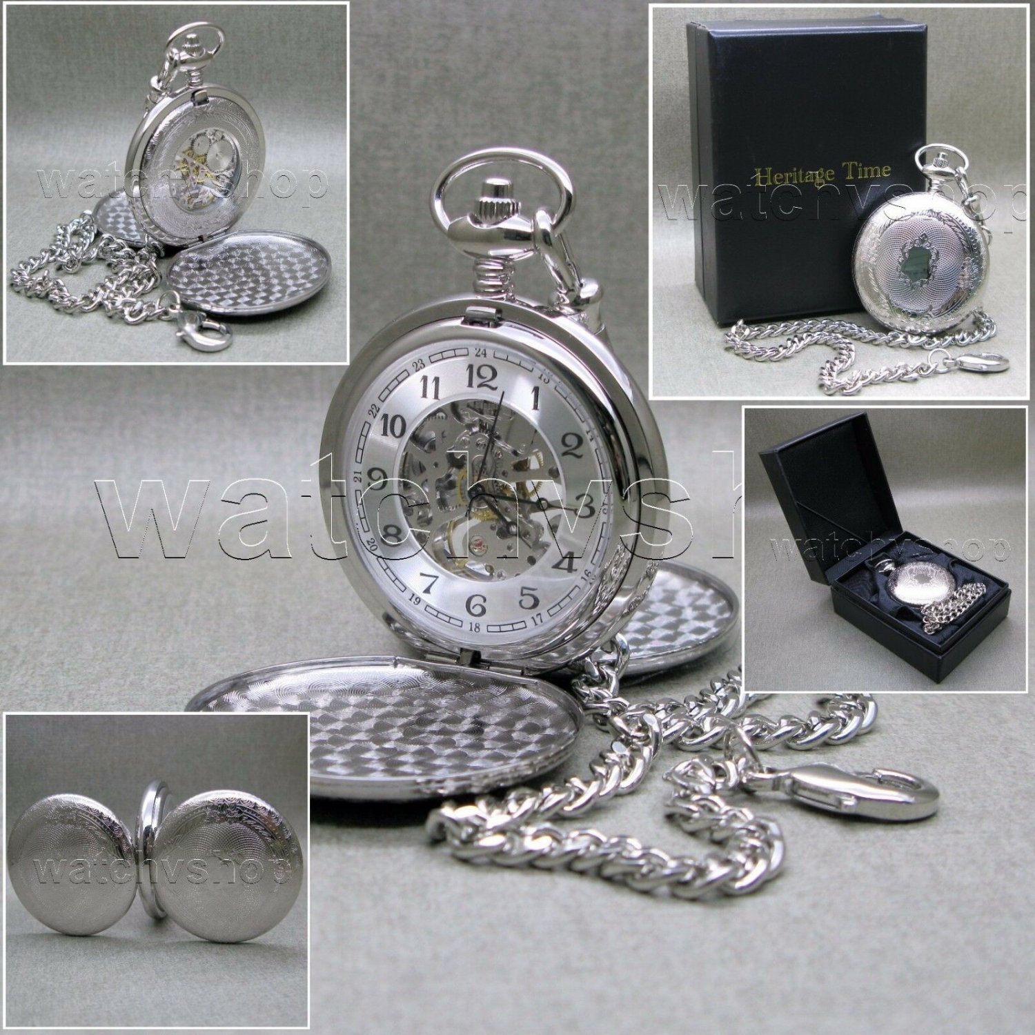 HERITAGE TIME Silver Mechanical Pocket Watch Skeleton Large 50 MM + Fob Chain 24