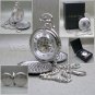 HERITAGE TIME Silver Mechanical Pocket Watch Skeleton Large 50 MM + Fob Chain 24