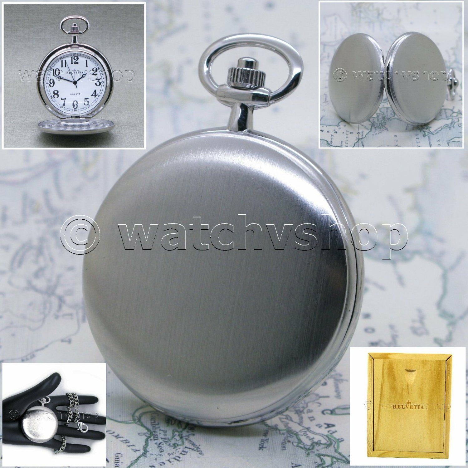 HELVETIA Silver Mens SWISS MOVEMENT Quartz Pocket Watch Gift Box Fob