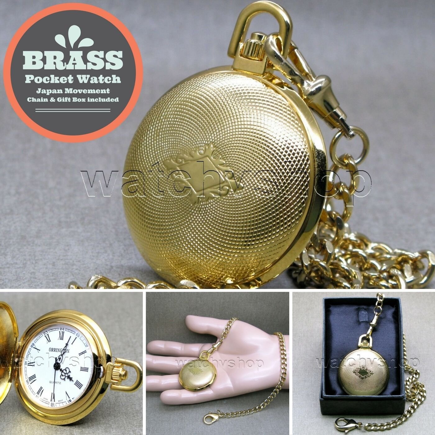 Gold Pocket Watch Brass 42 MM with Fob Chain Swivel Clip and Gift Box