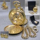 Mechanical Pocket Watch Gold Skeleton 2 sides opening with Chain and Box C25 Mechanical Pocket Watch Gold Skeleton 2 sides opening with Chain and Box C25
