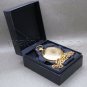 Mechanical Pocket Watch Gold Skeleton 2 sides opening with Chain and Box C25