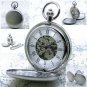 Mechanical Pocket Watch Silver Skeleton Double Hunter Men 50mm Chain and Box P39