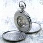 Mechanical Pocket Watch Silver Skeleton Double Hunter Men 50mm Chain and Box P39