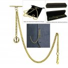 GOLD Albert Chain Pocket Watch Curb Link Chain T Bar + Swivel Clip Anchor Fob 66