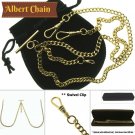 GOLD Plated Double Albert Chain Pocket Watch Chain T Bar Lobster + Swivel Clips