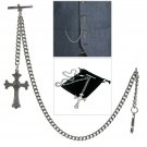 Albert Chain Silver Color Pocket Watch Curb Link Chain Cross Style Fob T Bar 114