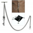 Albert Chain Silver Color Pocket Watch Curb Link Chain Key Design Fob T Bar A123