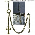 Albert Chain Pocket Watch Chain Brass Color 2 Ways Vests & Jeans Fob T Bar AT115