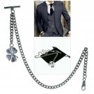 Albert Chain Pocket Watch Silver Color Curb Link Chain Four-Leaf Fob T Bar AC132