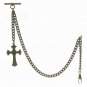 Albert Chain Pocket Watch Curb Link Chain Antique Brass Color Cross Fob T Bar 15