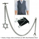 Albert Chain Stainless Steel Pocket Watch Curb Link Chain STAR Fob T-Bar ACS02 Albert Chain Stainless Steel Pocket Watch Curb Link Chain STAR Fob T-Bar ACS02