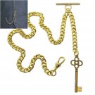Albert Chain Pocket Watch Chain GOLD Tone KEY Design Fob T Bar Swivel Clip 158