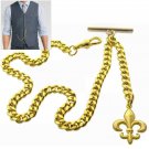 Albert Chain Pocket Watch Chain GOLD Tone Fleur de lis Fob T Bar Swivel Clip 183